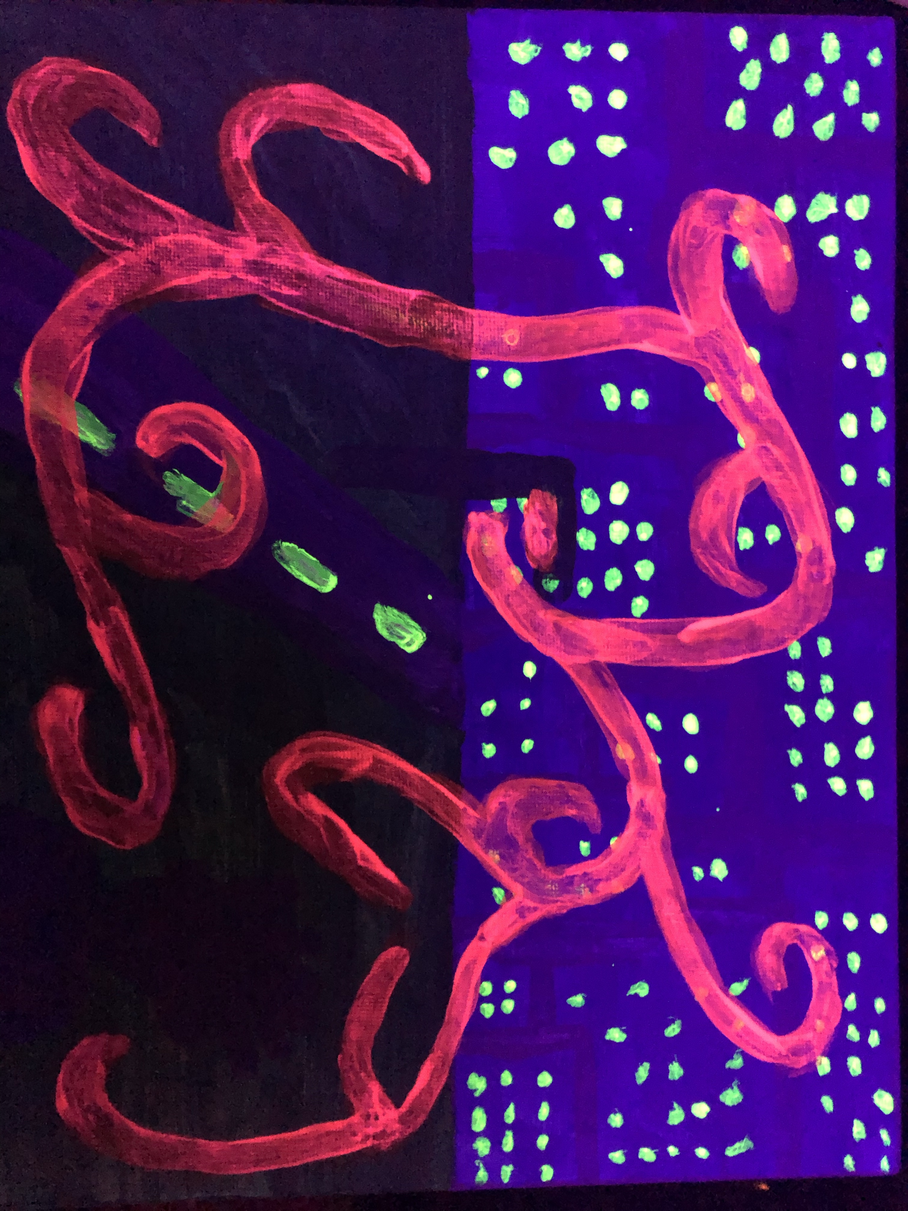 neon painting under blacklight: road leading to cityscape in background, with pink substance spiraling out across the canvas from a streetlight